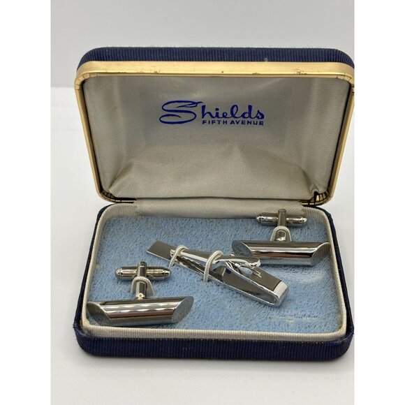 Mens Silver Polished Cuff Links and Tie Clip Vintage Classic - Picture 5 of 5